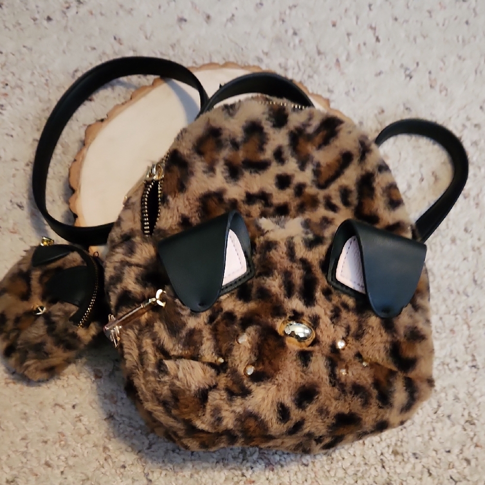 Betsey Johnson Aninal Design Fur Look Backpack & Ear Bud Case